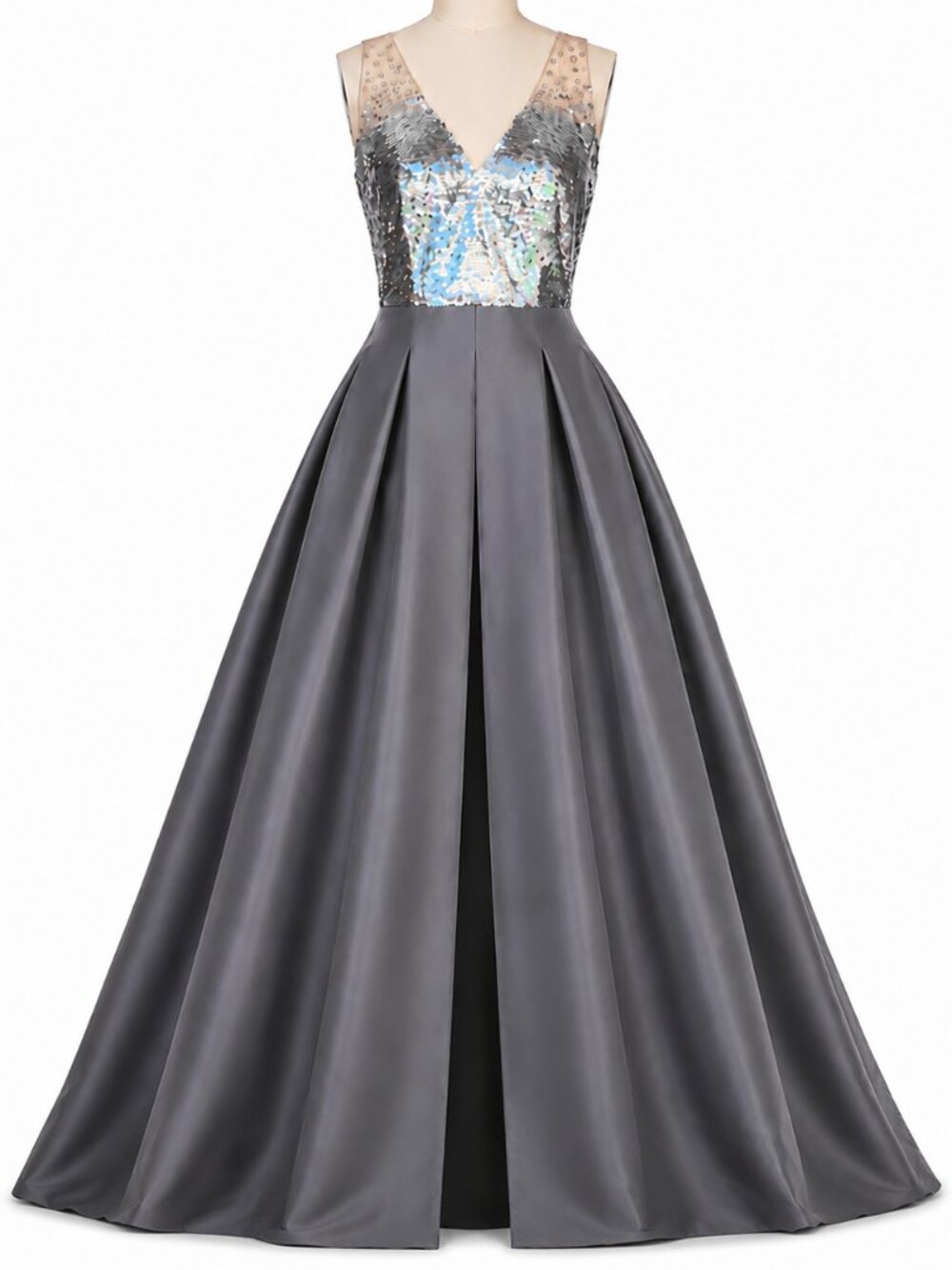 💋GORGEOUS Sachin Babi Gown | Silver Sequined Top | Shark Gray Split Skirt | Sz 2